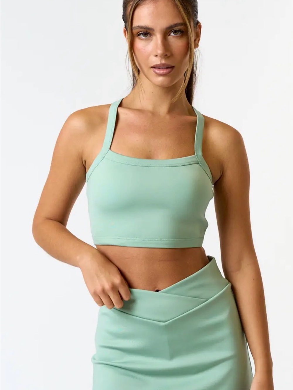 Blue Blush Mint Green Square-Neck Sports Crop Top